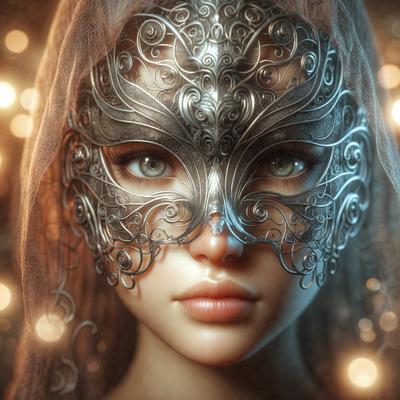 The primary subject of the image is a woman wearing a silver mask. The mask is intricately designed and features a pattern of swirls. The woman's face is visible through the mask, and she appears to be looking directly at the camera. The setting is a dark room with a few lights, creating a moody atmosphere. The visual style is a digital art or illustration, showcasing the woman's unique appearance. The colors and mood of the image are predominantly dark, with the silver mask and sw